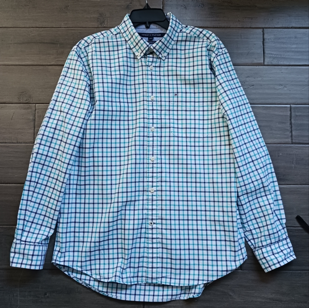Men's Tommy Hilfiger Blue Plaid Long Sleeve Button Shirt - Large Clasic Fit